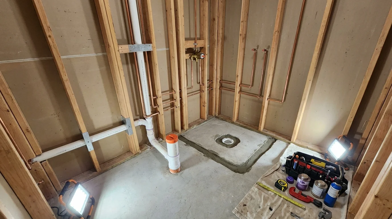 Bathroom rough-in plumbing during remodel by Johns Plumbing LLC in Cheswick
