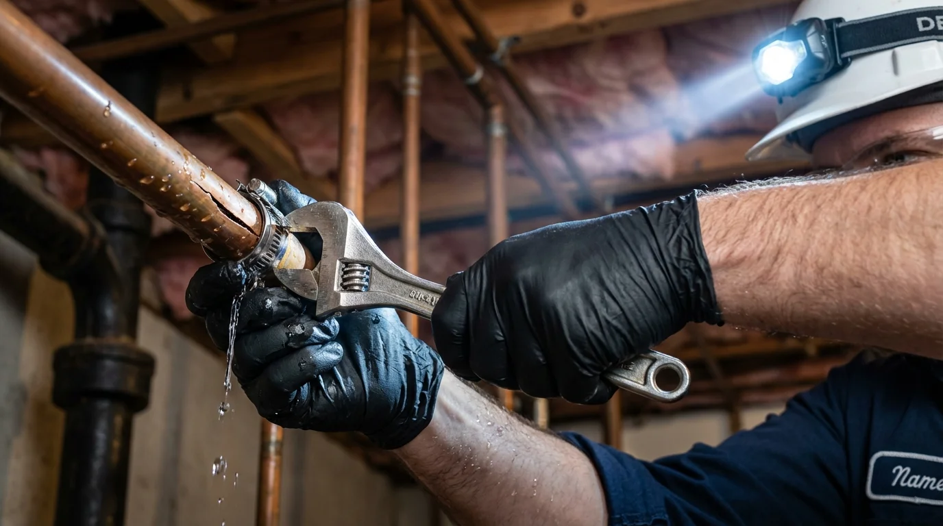 Emergency pipe clamp repair being performed by a Johns Plumbing LLC plumber in Cheswick