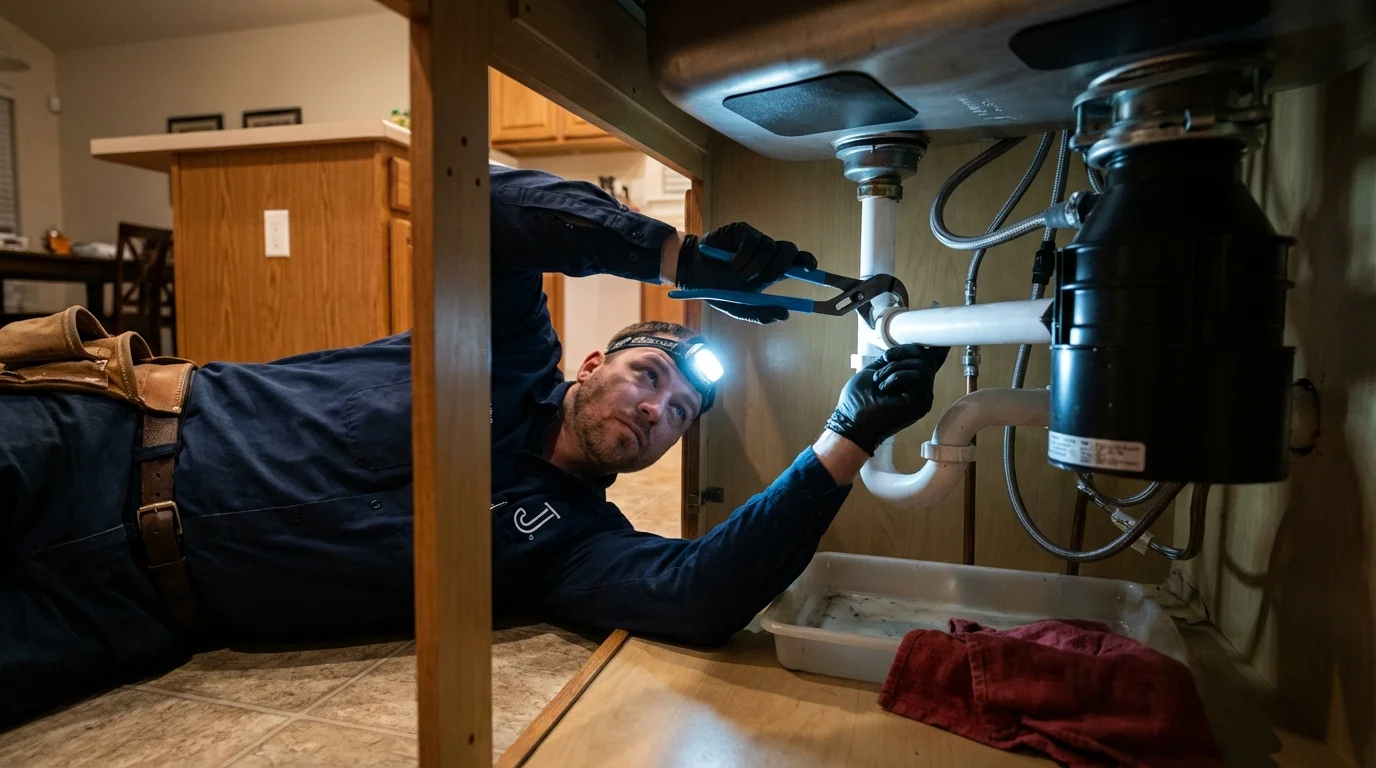 P-trap and supply line connections under a kitchen sink showing a common leak point in Cheswick, PA
